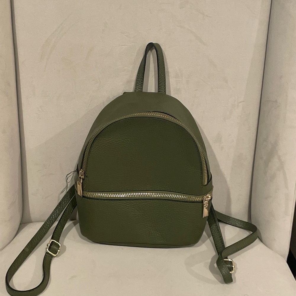 Olive Green small leather Backpack Bag gold accent made from an Italian Boutique